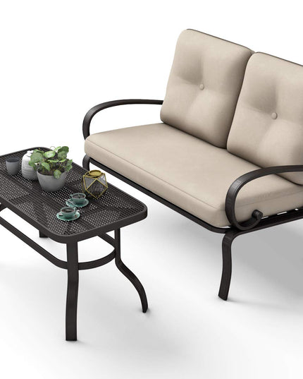 2 Pcs Patio Loveseat with Coffee Table Outdoor Bench with Cushion and Metal Frame