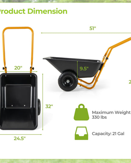 Giantex Dual-Wheel Wheelbarrow, Heavy-Duty Garden Utility Cart with Built-in Stand, Pneumatic Tires, 330 Lbs Capacity, Foldable Handle