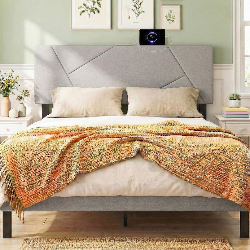 Tête de lit Giantex avec station de charge Grand lit/Double (Capitonnage géométrique canalisé avec station de charge)