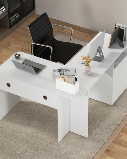 Giantex L Shaped Computer Desk with Drawers, 59" Corner Desk Workstation with Storage Shelf & Cable Holes