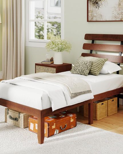 Giantex Mid-Century Modern Solid Wood Platform Bed with Wooden Slats Support & Retro Headboard