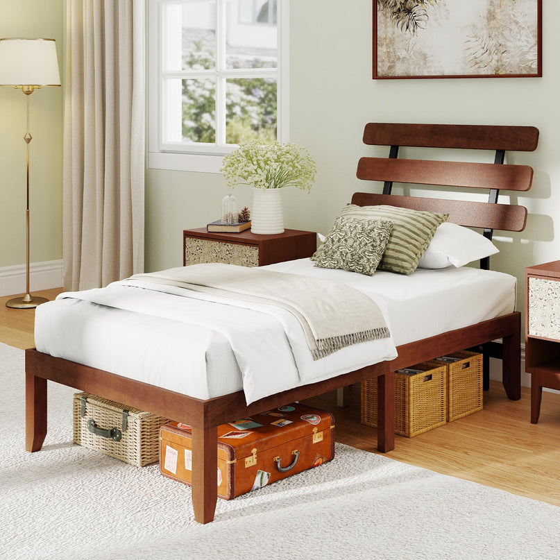Giantex Mid-Century Modern Solid Wood Platform Bed with Wooden Slats Support & Retro Headboard