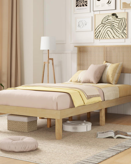 Giantex Bed Frames with Rattan Headboard, Boho Solid Wood Platform Bed with Wooden Slats