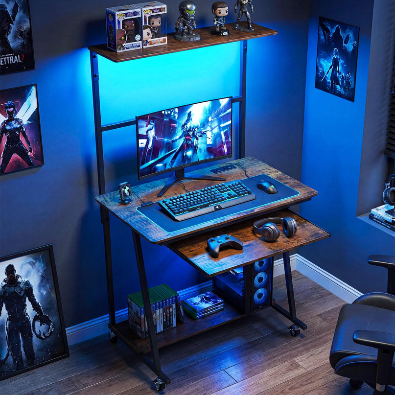 Giantex 31.5" Small Computer Desk with Charging Station & LED Lights