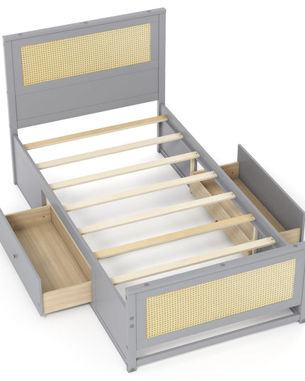 Cadre de lit double/complet en rotin Giantex avec 2 tiroirs de rangement, tête de lit et pied de lit