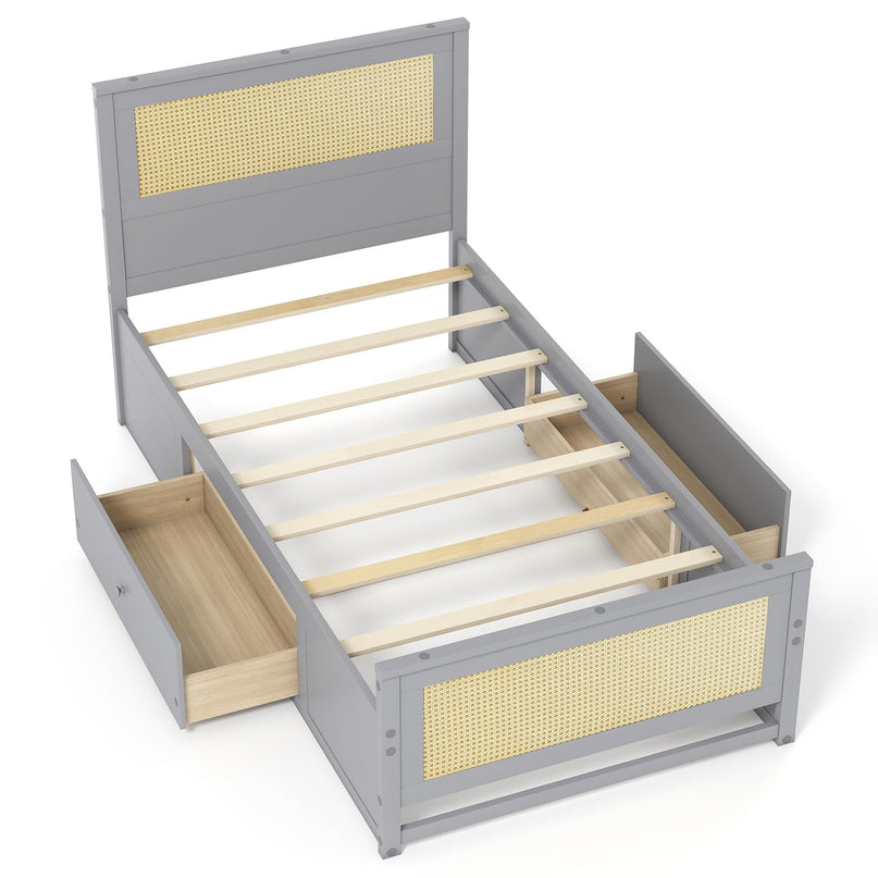 Cadre de lit double/complet en rotin Giantex avec 2 tiroirs de rangement, tête de lit et pied de lit