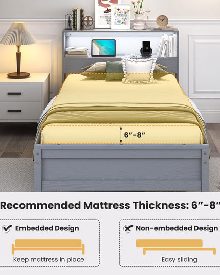 Giantex Twin Bed Frames with Storage Headboard, Wood Platform Bed with Charging Station & LED Light