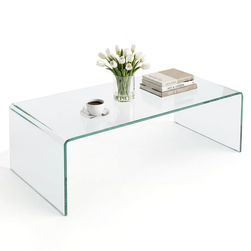 Giantex Glass Coffee Table with Tempered Glass Top & Round Edges