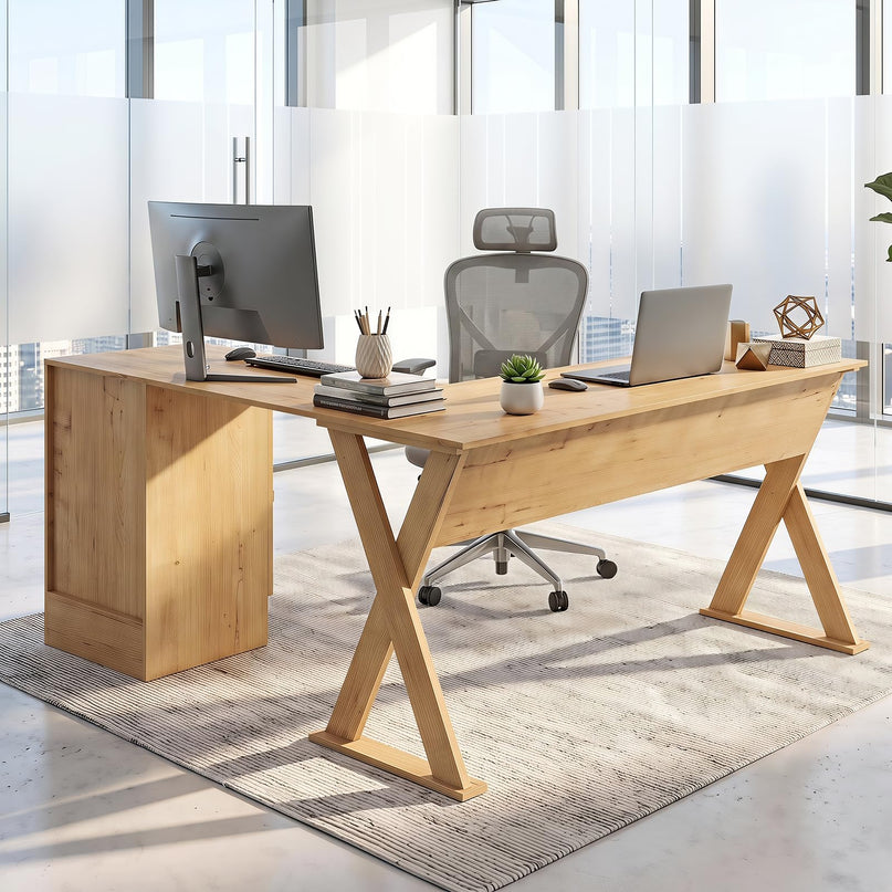 GIANTEX L-Shaped Computer Desk with Reversible Drawer & Cabinet