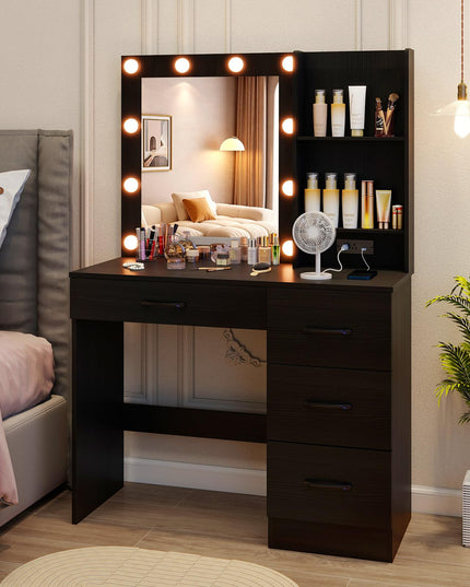 CHARMAID Vanity Desk with Mirror and Lights, Black Makeup Vanity Desk with 4 Large Drawers