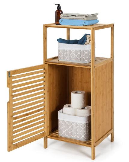 Giantex Bathroom Floor Cabinet, Bamboo Storage Cabinet w/Single Door & Open Shelves