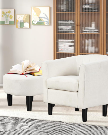 Giantex Modern Accent Chair with Ottoman, Upholstered Teddy Velvet Barrel Club Chair w/Footrest