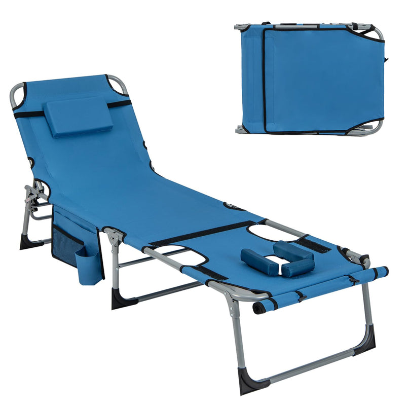 Giantex Folding Beach Tanning Chair - Outdoor Chaise Lounge Chair, 5-Position Adjustable Lounger with Face Hole