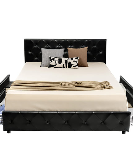 Upholstered PU Leather Platform Bed Frame w/ 4 Storage Drawers, Adjustable Headboard & Solid Wooden Slats