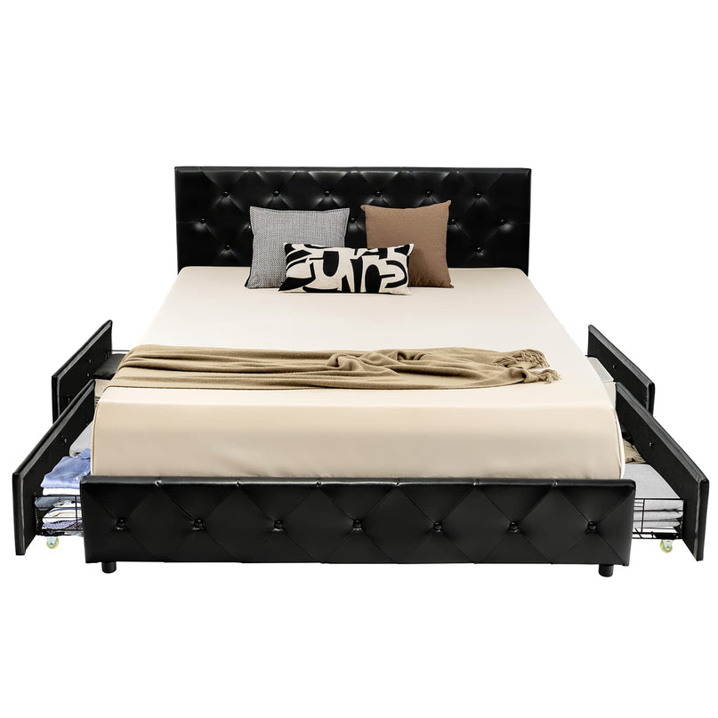 Upholstered PU Leather Platform Bed Frame w/ 4 Storage Drawers, Adjustable Headboard & Solid Wooden Slats