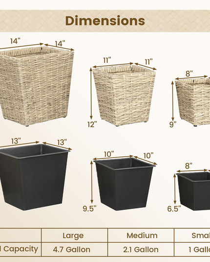 Giantex 3-Piece Rattan Planter Box Kit for Indoor & Outdoor Plants