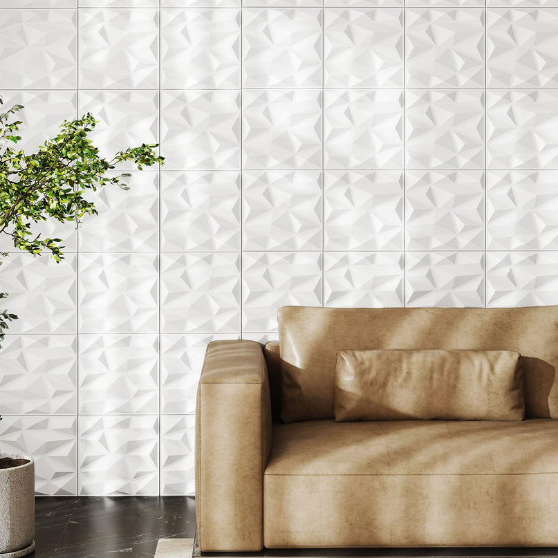 Giantex 12"x12" White PVC Decorative Wall Tiles with Diamond Pattern | 50/100 Pack 3D Wall Panels