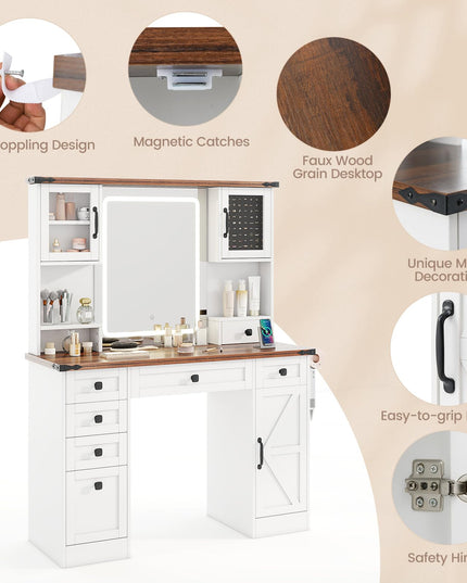 CHARMAID Vanity Desk with Mirror and Lights, Farmhouse Makeup Vanity Desk with 7 Drawers, 45" White Vanity Dressing Table for Bedroom