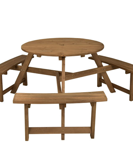 Giantex Wooden Picnic Table for 6 Person, Round Outdoor Table with 3 Benches, Umbrella Hole
