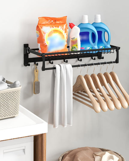 Giantex Foldable Towel Rack for Bathroom, Wall Mounted Towel Holder Organizer w/ 1 Basket, 1 Towel Bar & 5 Sliding Hooks