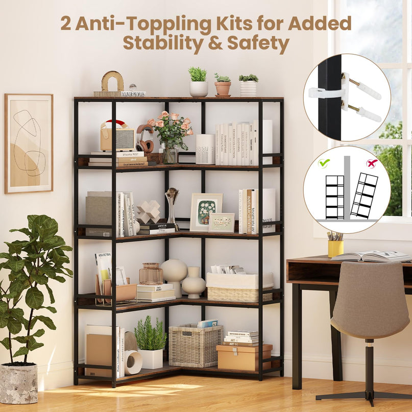 Giantex 5-Tier Corner Bookshelf 71" L-Shaped Bookcase