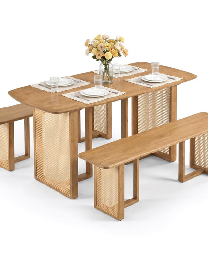 GIANTEX Rattan Dining Table Set for 4 w/ Rubber Wood Kitchen Table & 2 Bench
