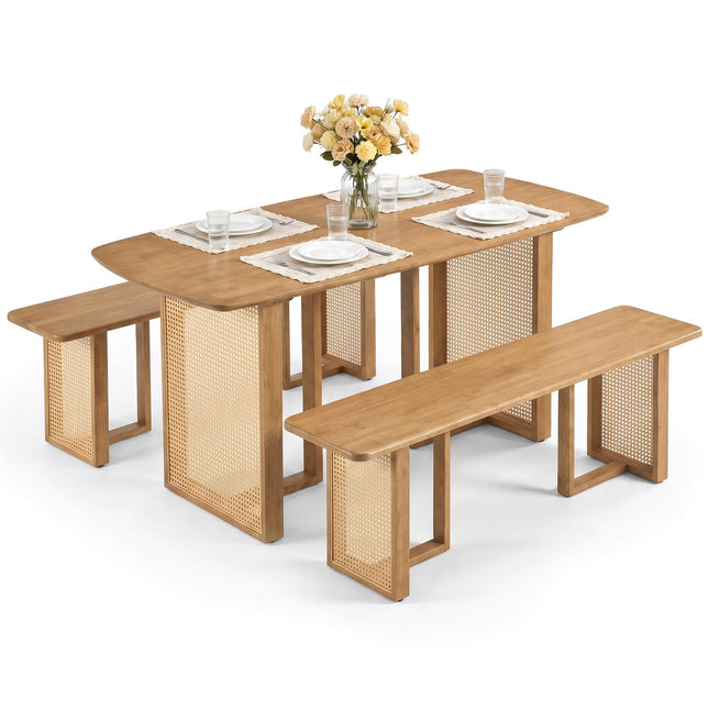 GIANTEX Rattan Dining Table Set for 4 w/ Rubber Wood Kitchen Table & 2 Bench
