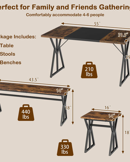 Giantex 55" Kitchen Table with 2 Benches & 2 Stools with X-Shaped Metal Frame