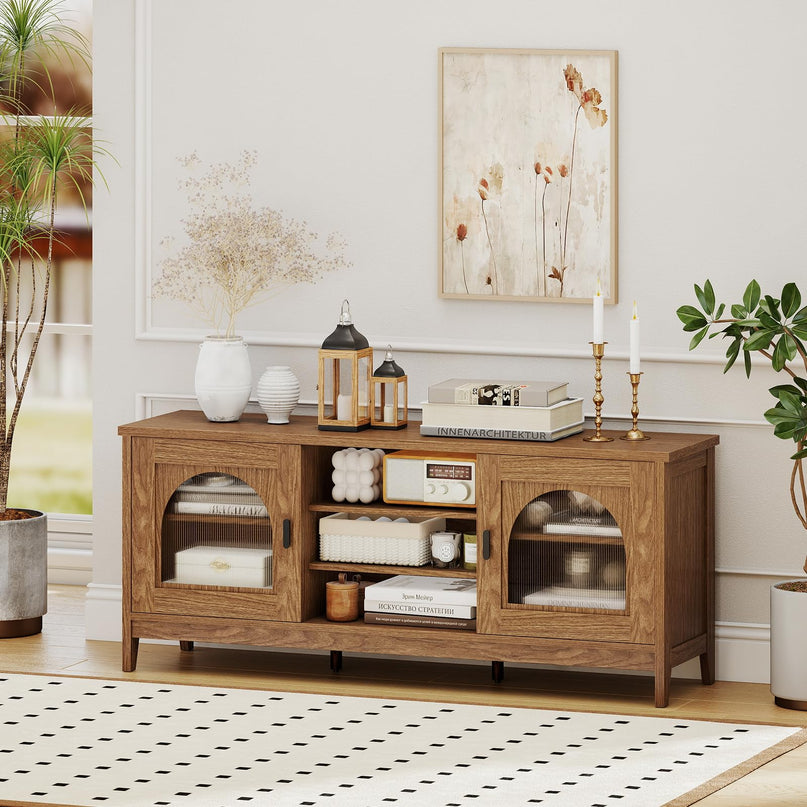 Giantex Farmhouse TV Stand for TVs up to 65" Modern Vintage Entertainment Center(Arched Glass)