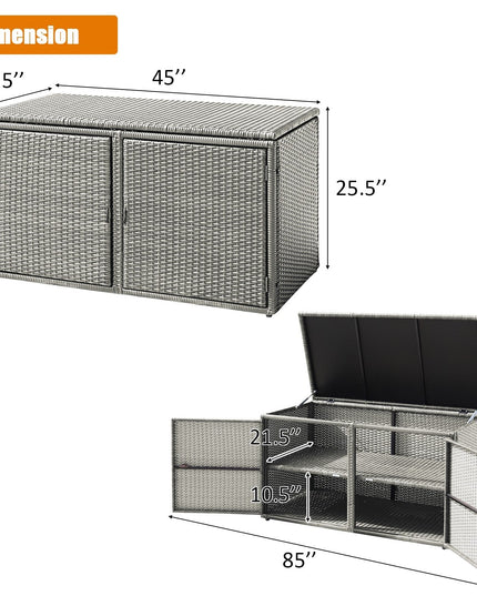 Rattan Deck Box Outdoor&Indoor 88 Gallon Wicker Storage Bench W/Separate Storage Shelf