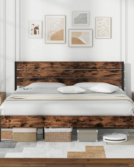 Giantex Metal Platform Bed Frame, Industrial Bed Frames with Wood Headboard