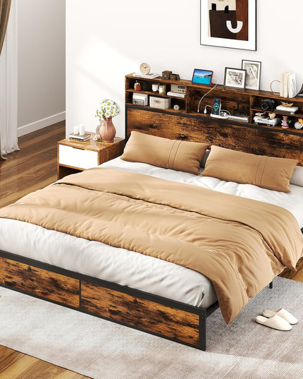 Giantex Bed Frame with Storage Headboard and Charging Station, Industrial Metal Platform Bed