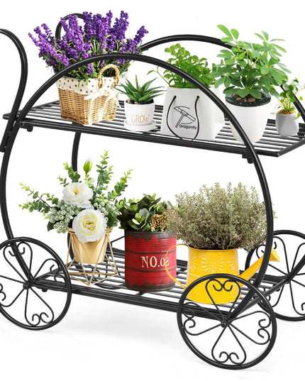 Garden Cart Metal Plant Stand with 4 Decorative Wheels