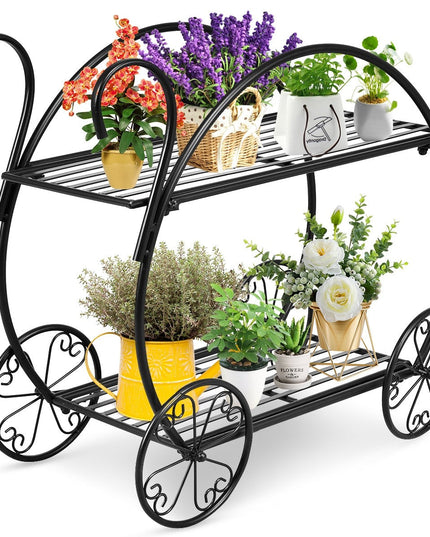 Garden Cart Metal Plant Stand with 4 Decorative Wheels