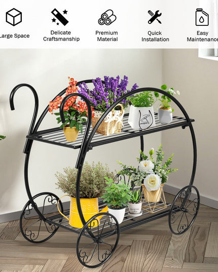 Garden Cart Metal Plant Stand with 4 Decorative Wheels