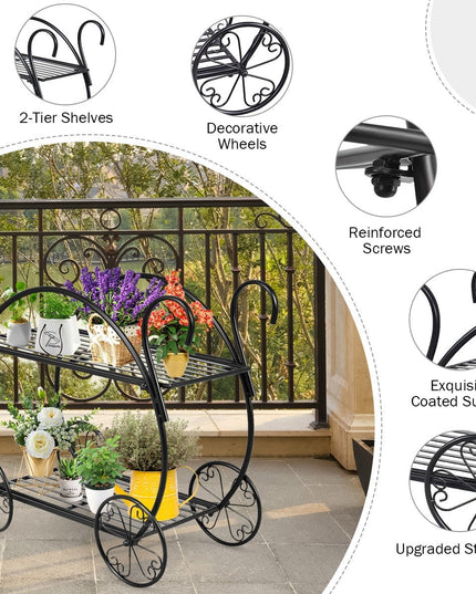 Garden Cart Metal Plant Stand with 4 Decorative Wheels