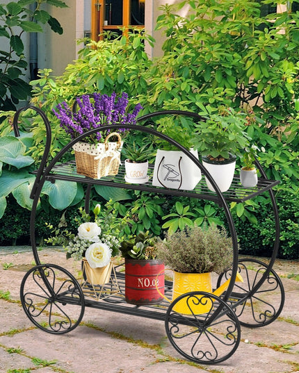 Garden Cart Metal Plant Stand with 4 Decorative Wheels