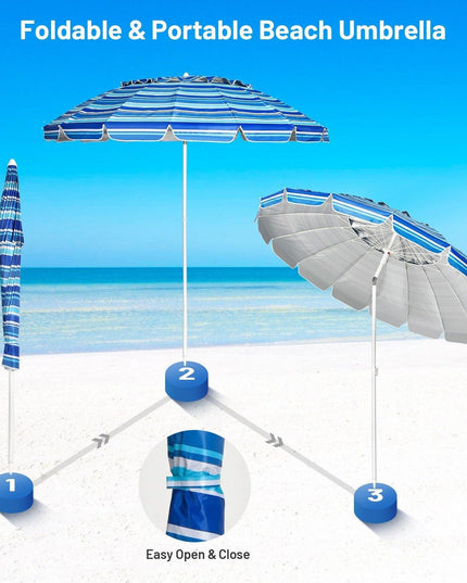 8 Ft Beach Umbrella, Patio Sunshade Umbrella with Sand Anchor & Tilt Mechanism, 16 Fiberglass Ribs - Giantexus