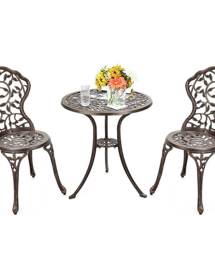 3 Piece Bistro Set Cast Leaf Design Antique Outdoor Patio Furniture Weather Resistant Garden Round Table and Chairs (Leaf Design) - Giantexus
