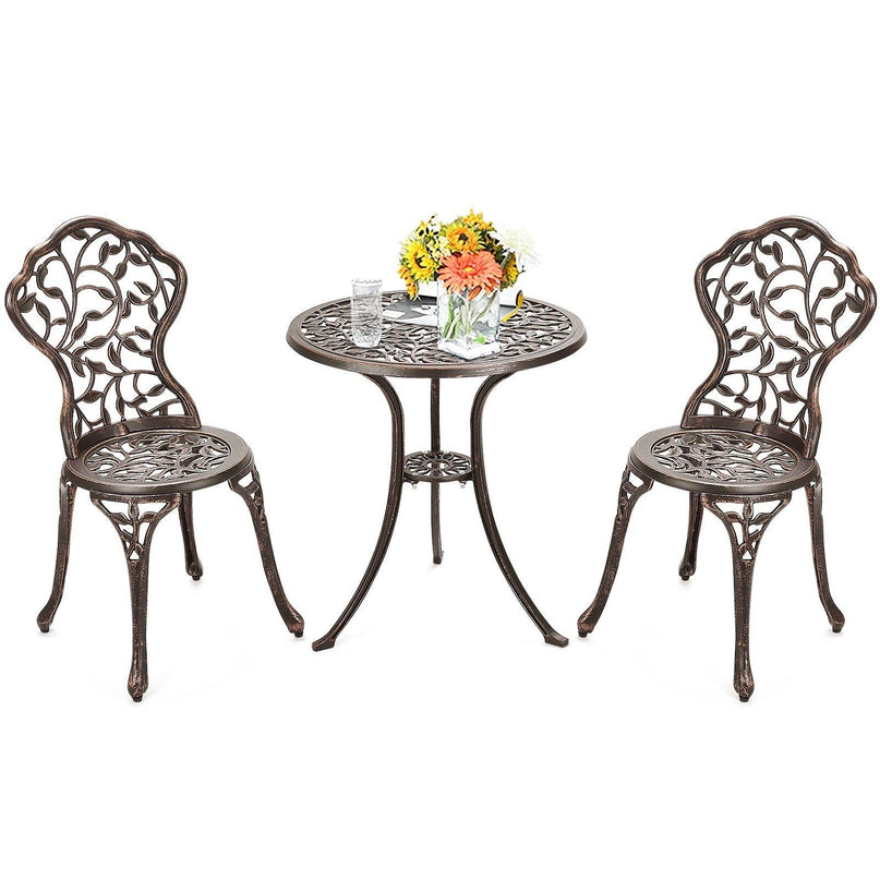 3 Piece Bistro Set Cast Leaf Design Antique Outdoor Patio Furniture Weather Resistant Garden Round Table and Chairs (Leaf Design) - Giantexus