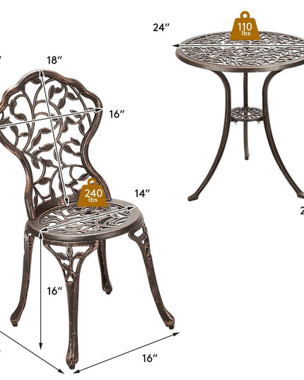 3 Piece Bistro Set Cast Leaf Design Antique Outdoor Patio Furniture Weather Resistant Garden Round Table and Chairs (Leaf Design) - Giantexus