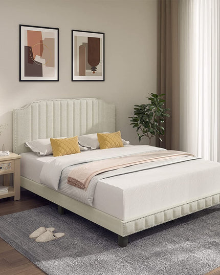 Giantex Upholstered Bed Frame, Linen Platform Bed w/Rivet Headboard, Heavy Duty Mattress Foundation