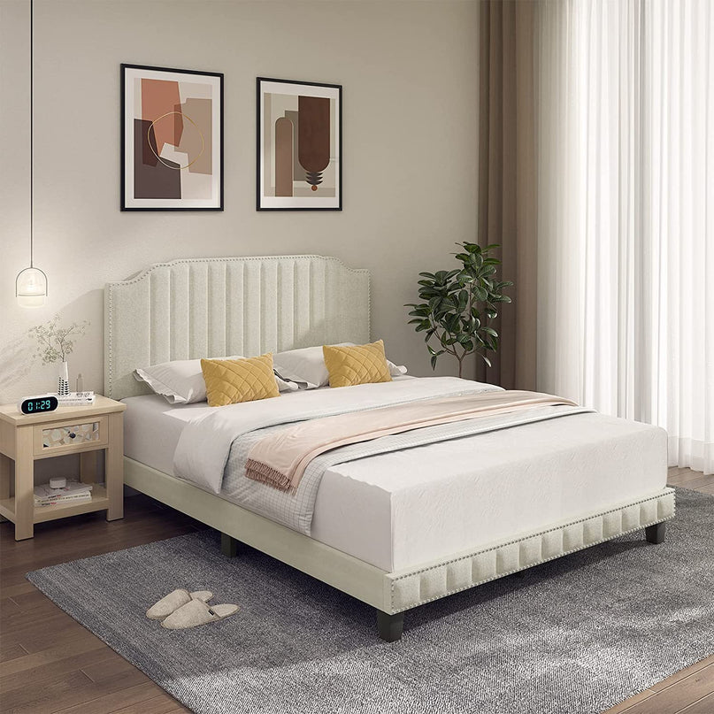 Giantex Upholstered Bed Frame, Linen Platform Bed w/Rivet Headboard, Heavy Duty Mattress Foundation