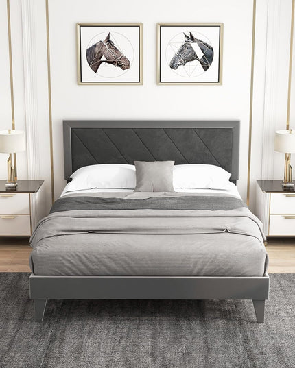 Giantex Full Size Velvet Bed Frame with Headboard, Modern Upholstered Platform Bed, No Box Spring Needed, Black & Gray
