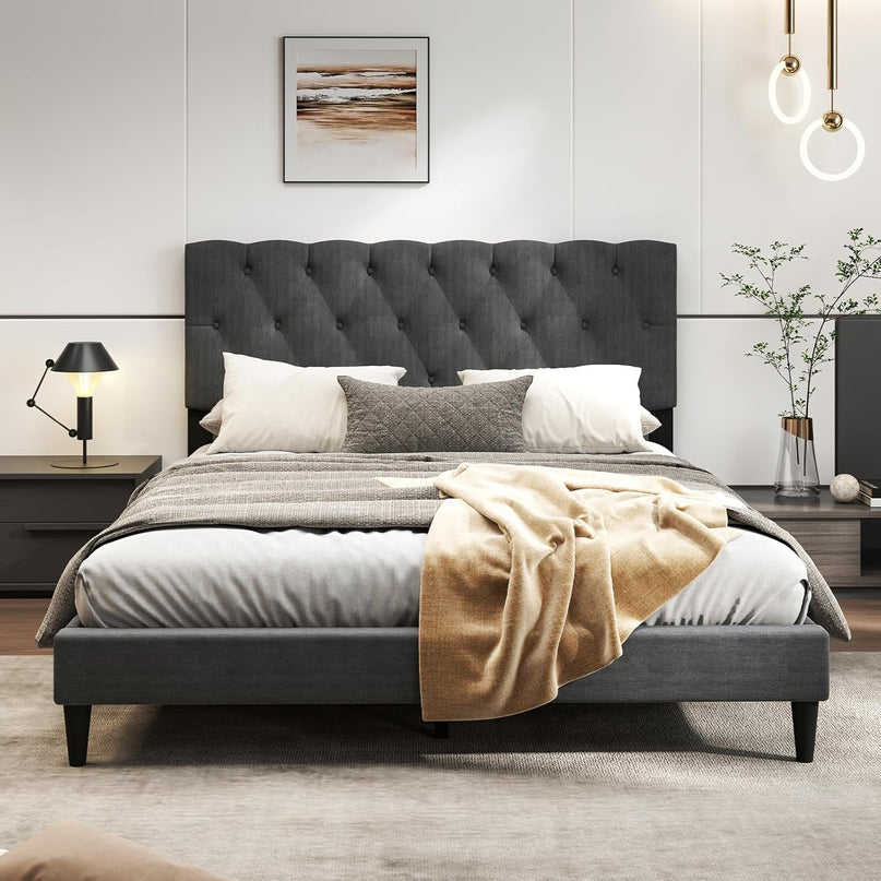 Modern Upholstered Platform Bed Frame with Diamond Tufting Headboard