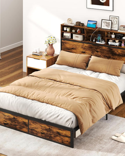 Giantex Bed Frame with Storage Headboard and Charging Station, Industrial Metal Platform Bed