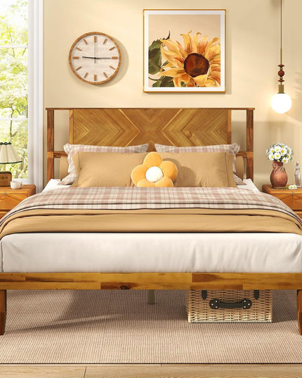 Lit plateforme Giantex Mid-Century Modern en bois d'acacia avec tête de lit et support à lattes en bois