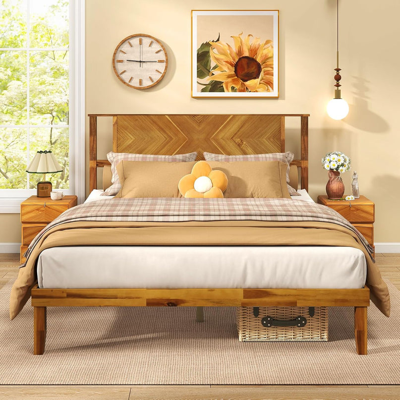 Giantex Mid-Century Modern Acacia Wood Platform Bed with Headboard & Wooden Slats Support