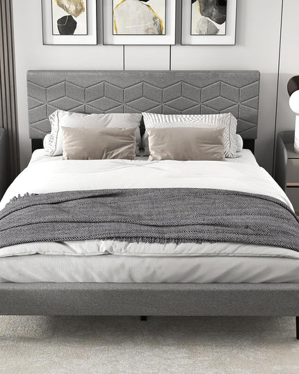Lit plateforme moderne Giantex avec tête de lit géométrique en tissu de lin | Pas besoin de sommier tapissier