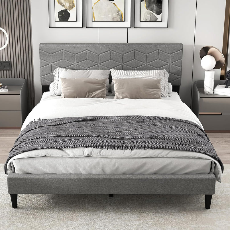 Giantex Modern Platform Bed with Linen Fabric Geometric Headboard | No Box Spring Needed